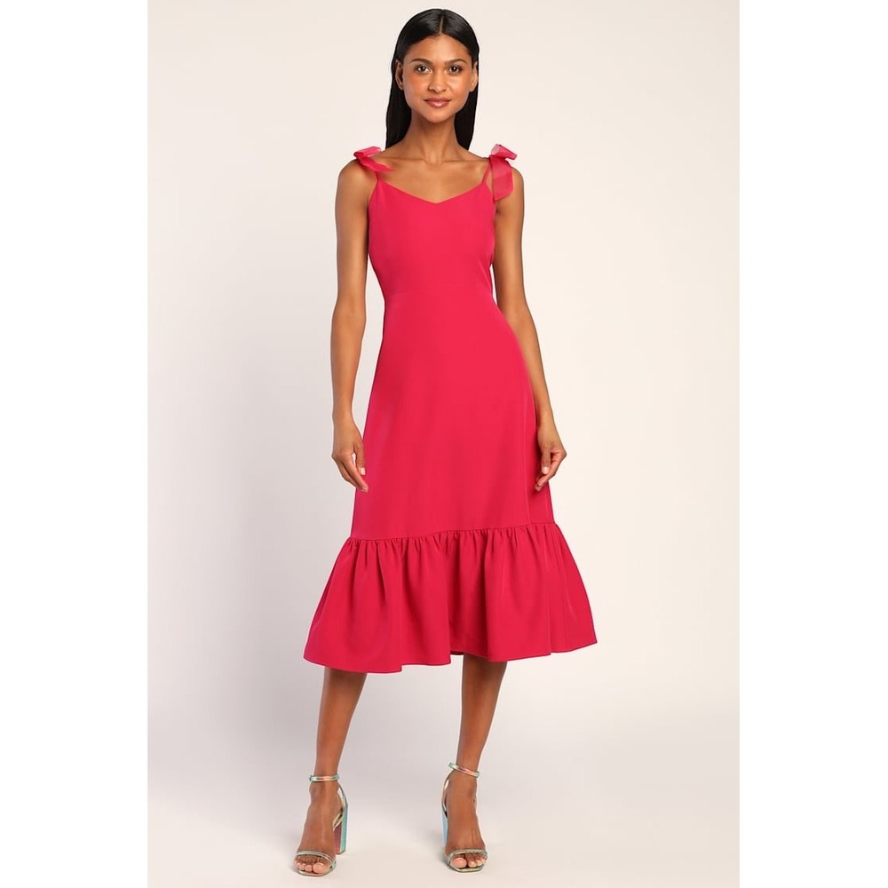 NWT Lulus What a Gift Hot Pink Bow Strap Midi Dress Size Small
